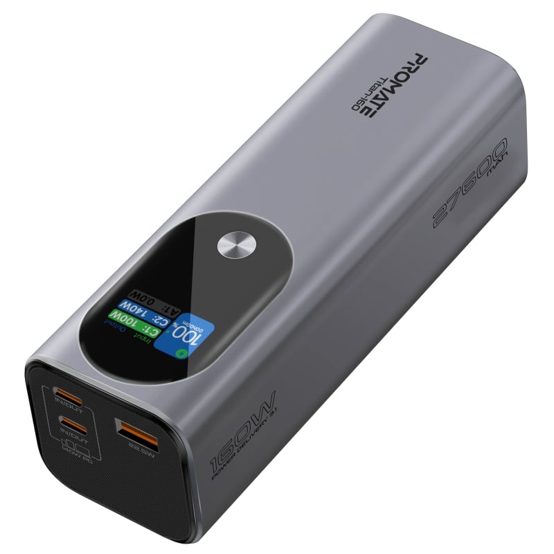 Portable battery made of heat and fire resistant treated aluminum with a capacity of 27600 milliampere hours and a power of 160 watts with PD3.1 power delivery feature in addition to a detailed LCD-TFT information screen
