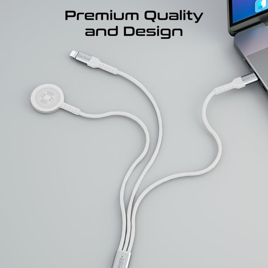 An efficient charging and data transfer experience with a 5-in-1 multi-connection cable, featuring a 60-watt power delivery for ultra-fast USB-C port, a 2.5-watt charger for Apple Watch, a 27-watt Lightning technology iPhone charger, and a 1.5-meter long 