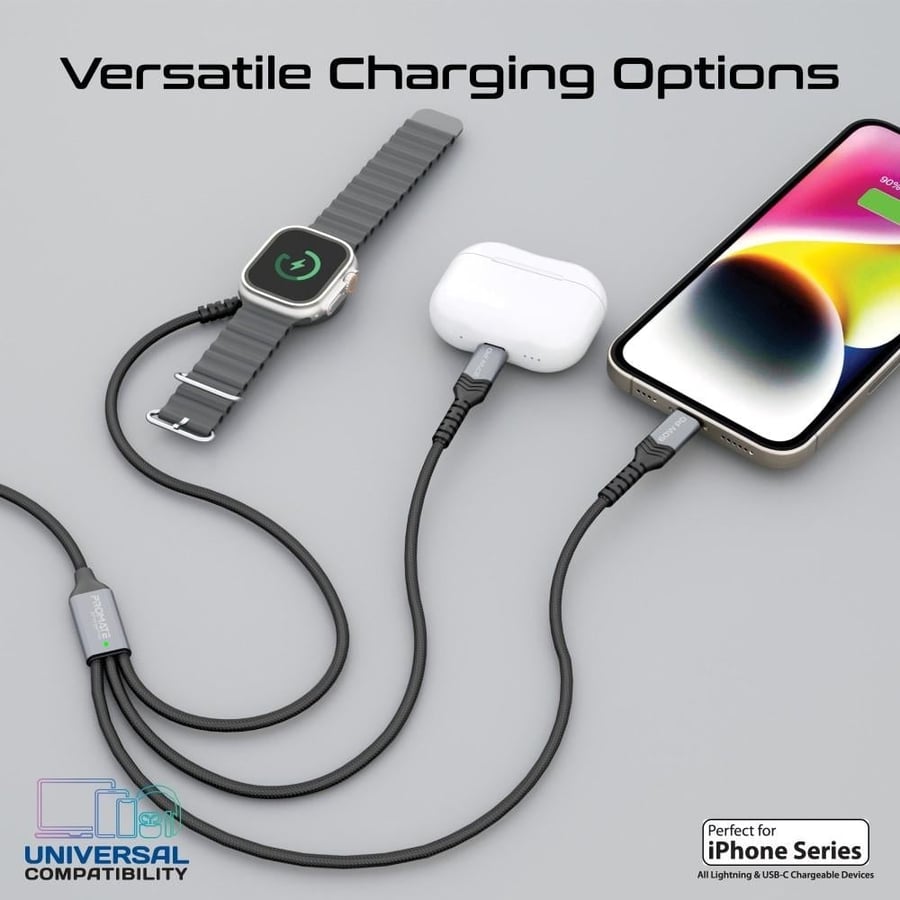 An efficient charging and data transfer experience with a 5-in-1 multi-connection cable, featuring a 60-watt power delivery for ultra-fast USB-C port, a 2.5-watt charger for Apple Watch, a 27-watt Lightning technology iPhone charger, and a 1.5-meter long 
