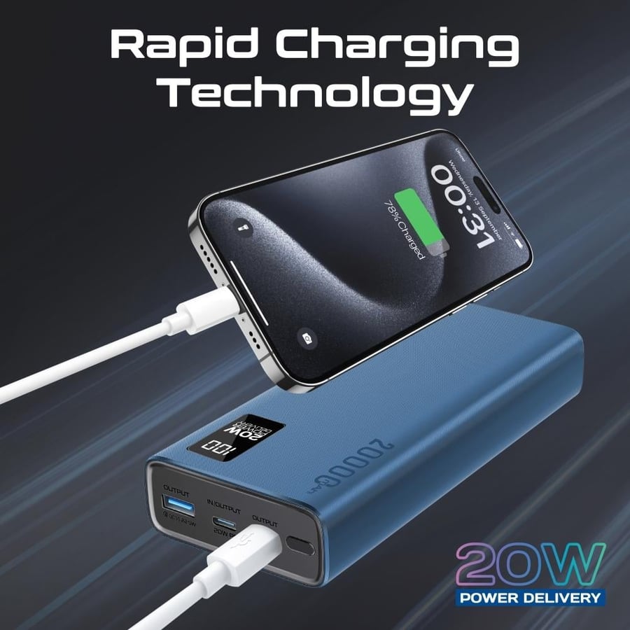 بطارية متنقلة صغيرة الحجم من بروميت بسعة 20000 مللي أمبير، مع منفذ USB-C™ بقوة 20 واط للدخل/للخرج، مخرج QC 3.0، منافذ USB-C، شاشة LCD وحماية من السخونة الزائدة للهواتف الذكية والأجهزة اللوحية - Promate Bolt-20PD