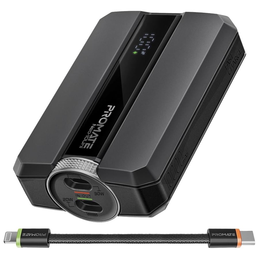 بطارية متنقلة صغيرة الحجم بسعة 10000 مللي أمبير في الساعة، تأتي مع كيبل مزدوج من نوع USB-C إلى لايتينينغ. تدعم شحن ثلاثة أجهزة في وقت واحد وتوفر شحن سريع بقوة 30 واط. مزودة بشاشة LED ونظام حماية أثناء الشحن. Promate Neo-10Uni