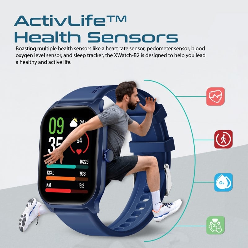 Your ideal fitness companion xWatch-B2 equipped with a 2.01-inch TFT screen and wireless connectivity technology, water-resistant with IP67 standard. It features sensors such as a heart rate sensor, blood oxygen level, step counter, and sleep monitoring, 