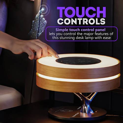 The best desk lamp and wireless speaker with 10-watt power with wireless charger, with elegant wooden design in addition to a digital clock, touch sensor, and outlets supporting all countries, suitable for home