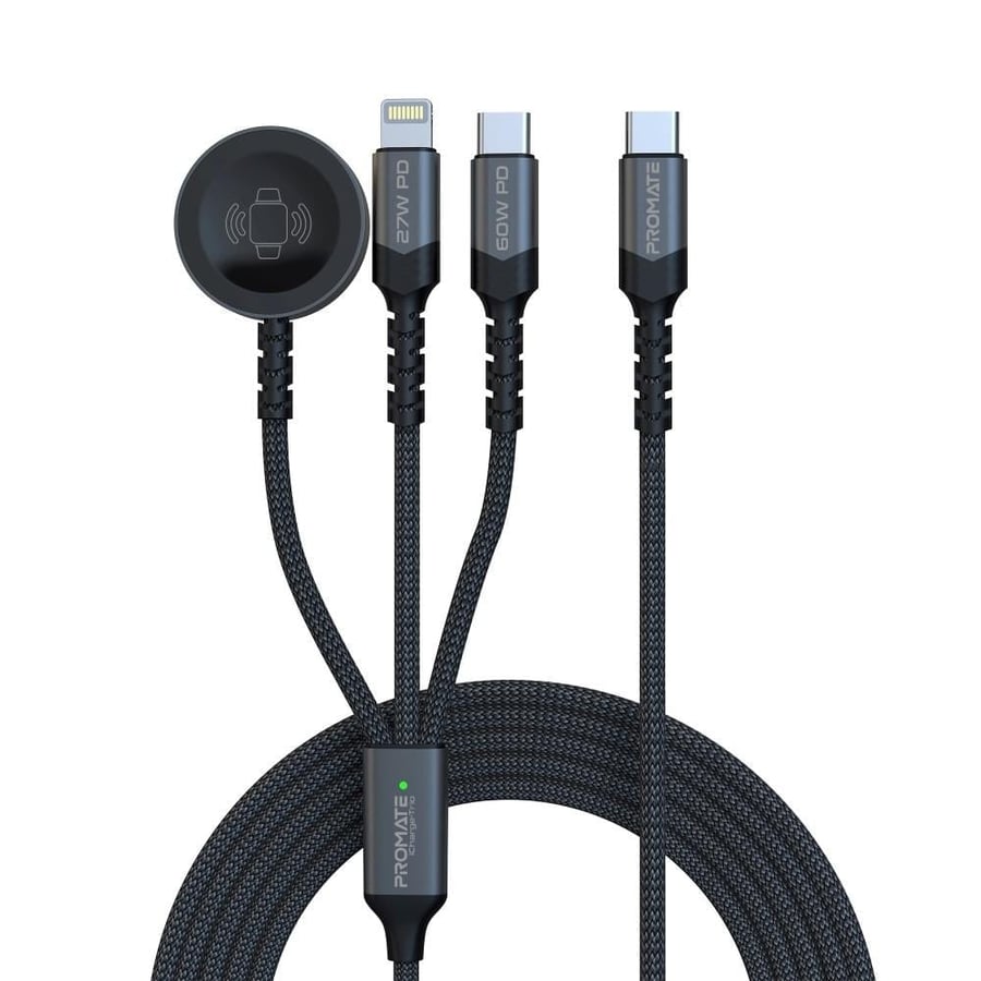 An efficient charging and data transfer experience with a 5-in-1 multi-connection cable, featuring a 60-watt power delivery for ultra-fast USB-C port, a 2.5-watt charger for Apple Watch, a 27-watt Lightning technology iPhone charger, and a 1.5-meter long 