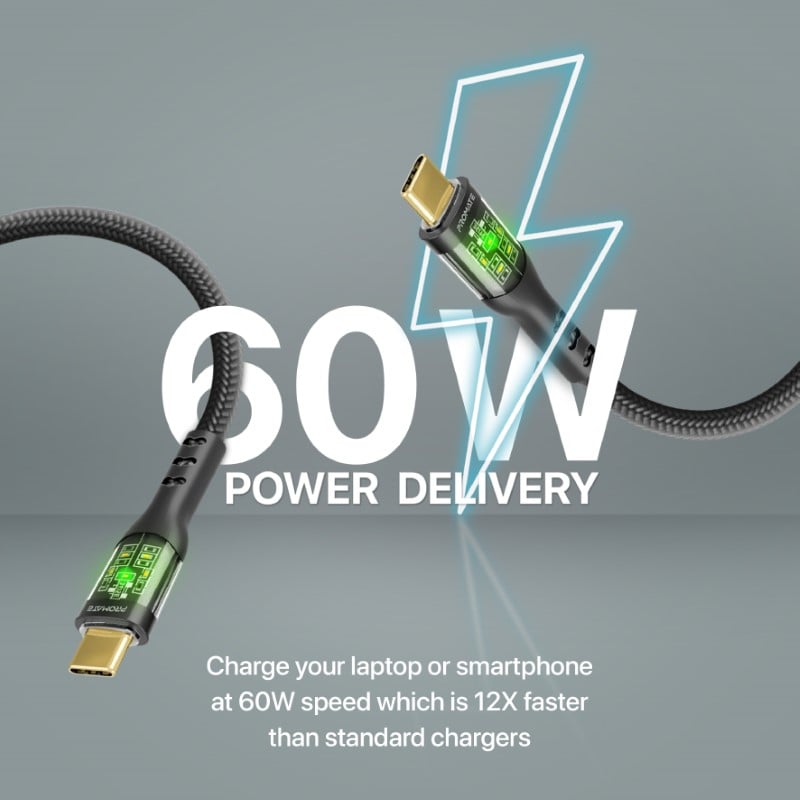 Type C super fast charging cable charges at 60 watts equipped with transparent gold-plated charging head supports data transfer and fast charging with LED light, length 1.2 meters bend resistant up to 25000 times - TransLine-CC