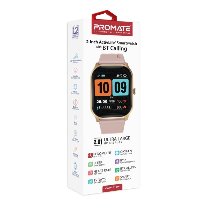 Your ideal fitness companion xWatch-B2 equipped with a 2.01-inch TFT screen and wireless connectivity technology, water-resistant with IP67 standard. It features sensors such as a heart rate sensor, blood oxygen level, step counter, and sleep monitoring, 