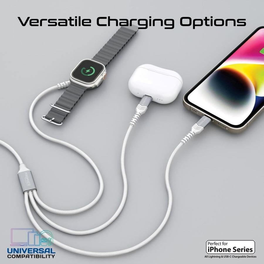 An efficient charging and data transfer experience with a 5-in-1 multi-connection cable, featuring a 60-watt power delivery for ultra-fast USB-C port, a 2.5-watt charger for Apple Watch, a 27-watt Lightning technology iPhone charger, and a 1.5-meter long 