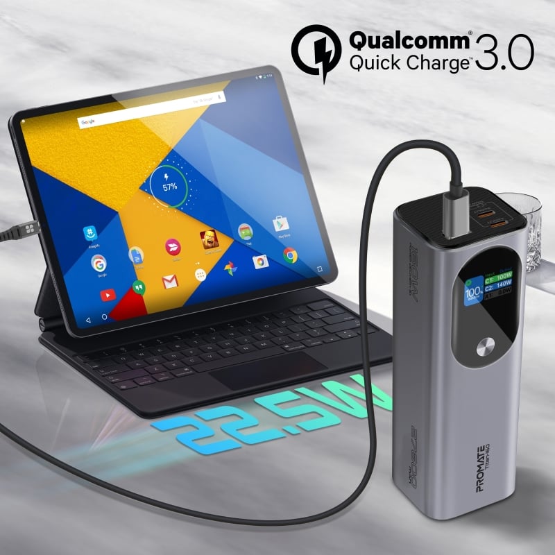 Portable battery made of heat and fire resistant treated aluminum with a capacity of 27600 milliampere hours and a power of 160 watts with PD3.1 power delivery feature in addition to a detailed LCD-TFT information screen