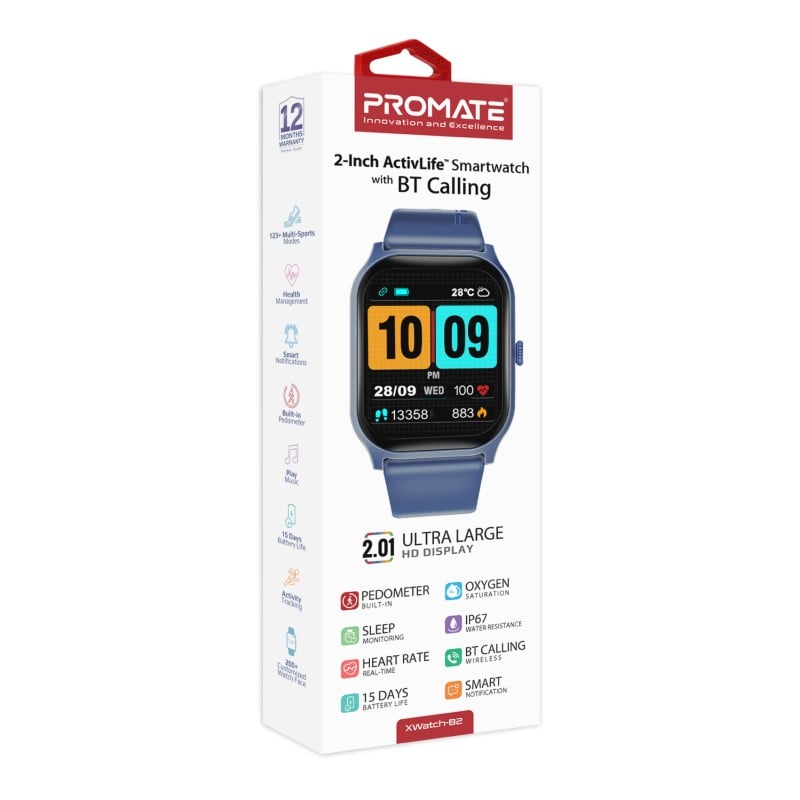 Your ideal fitness companion xWatch-B2 equipped with a 2.01-inch TFT screen and wireless connectivity technology, water-resistant with IP67 standard. It features sensors such as a heart rate sensor, blood oxygen level, step counter, and sleep monitoring, 
