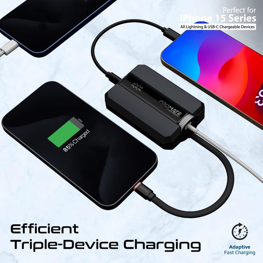 بطارية متنقلة صغيرة الحجم بسعة 10000 مللي أمبير في الساعة، تأتي مع كيبل مزدوج من نوع USB-C إلى لايتينينغ. تدعم شحن ثلاثة أجهزة في وقت واحد وتوفر شحن سريع بقوة 30 واط. مزودة بشاشة LED ونظام حماية أثناء الشحن. Promate Neo-10Uni