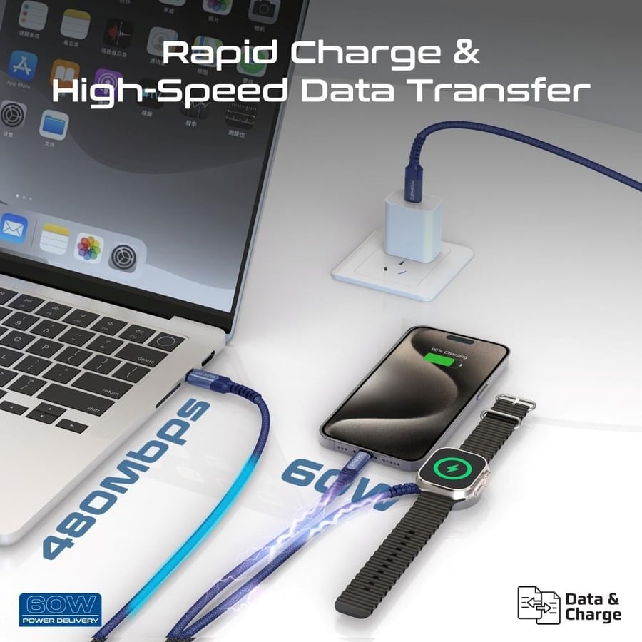 An efficient charging and data transfer experience with a 5-in-1 multi-connection cable, featuring a 60-watt power delivery for ultra-fast USB-C port, a 2.5-watt charger for Apple Watch, a 27-watt Lightning technology iPhone charger, and a 1.5-meter long 