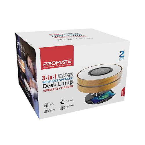 The best desk lamp and wireless speaker with 10-watt power with wireless charger, with elegant wooden design in addition to a digital clock, touch sensor, and outlets supporting all countries, suitable for home