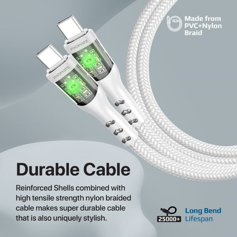 Type C super fast charging cable charges at 60 watts equipped with transparent gold-plated charging head supports data transfer and fast charging with LED light, length 1.2 meters bend resistant up to 25000 times - TransLine-CC