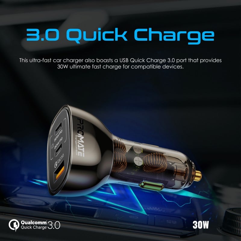 Effective and integrated car charger with transparent design TransDrive-80W provides fast charging with 80 watts power with USB-C ports offering 30 watts and 20 watts charging for tablets and smartphones, in addition to a fast charging port 30 watts