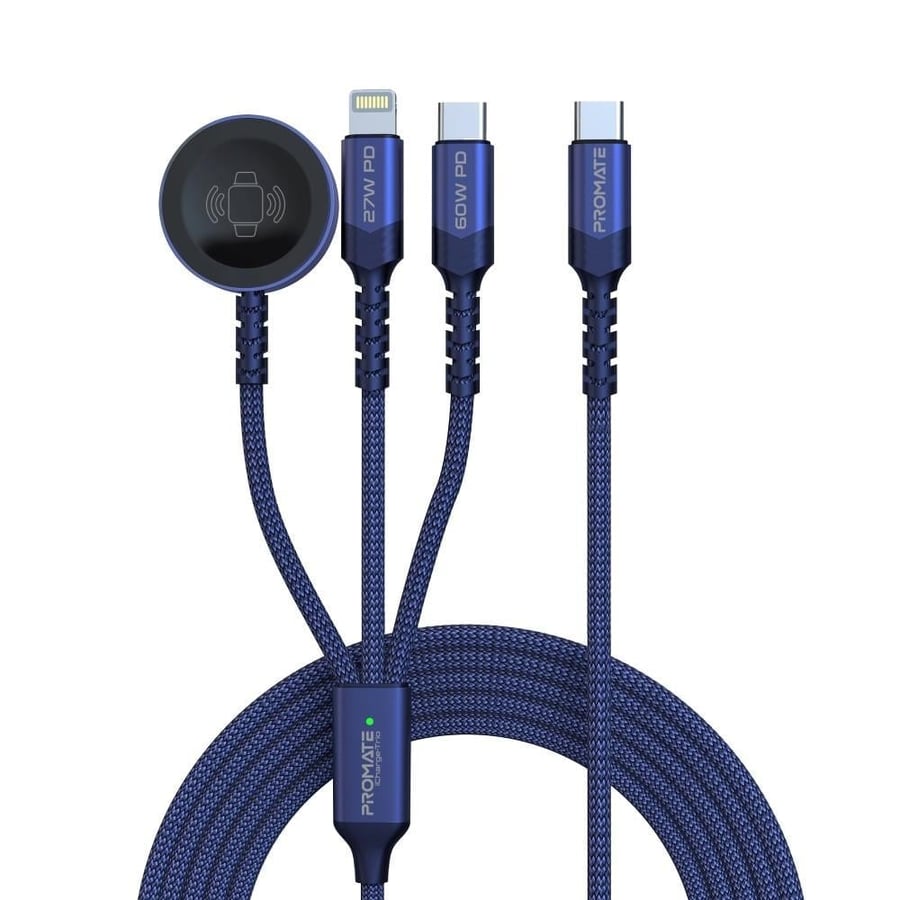 An efficient charging and data transfer experience with a 5-in-1 multi-connection cable, featuring a 60-watt power delivery for ultra-fast USB-C port, a 2.5-watt charger for Apple Watch, a 27-watt Lightning technology iPhone charger, and a 1.5-meter long 