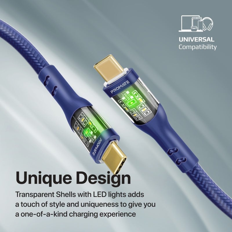 Type C super fast charging cable charges at 60 watts equipped with transparent gold-plated charging head supports data transfer and fast charging with LED light, length 1.2 meters bend resistant up to 25000 times - TransLine-CC