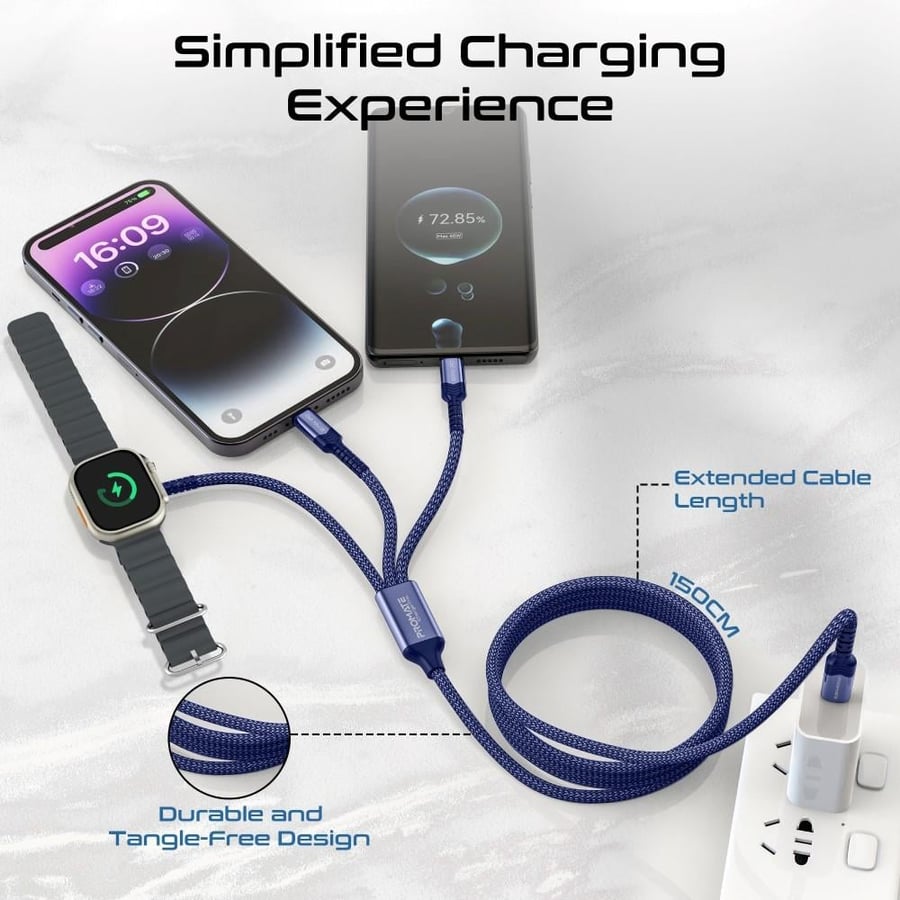 An efficient charging and data transfer experience with a 5-in-1 multi-connection cable, featuring a 60-watt power delivery for ultra-fast USB-C port, a 2.5-watt charger for Apple Watch, a 27-watt Lightning technology iPhone charger, and a 1.5-meter long 