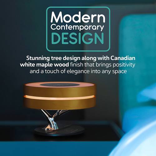 The best desk lamp and wireless speaker with 10-watt power with wireless charger, with elegant wooden design in addition to a digital clock, touch sensor, and outlets supporting all countries, suitable for home