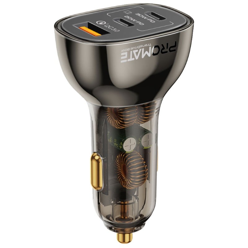 Effective and integrated car charger with transparent design TransDrive-80W provides fast charging with 80 watts power with USB-C ports offering 30 watts and 20 watts charging for tablets and smartphones, in addition to a fast charging port 30 watts
