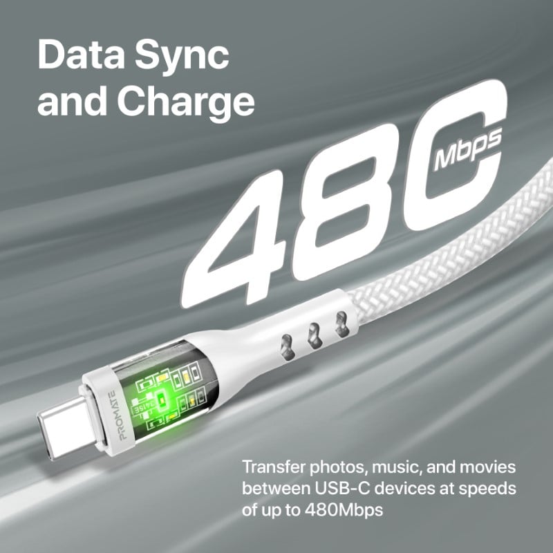 Type C super fast charging cable charges at 60 watts equipped with transparent gold-plated charging head supports data transfer and fast charging with LED light, length 1.2 meters bend resistant up to 25000 times - TransLine-CC