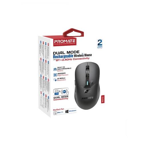 Wireless double rechargeable mouse comes with Bluetooth connection and radio frequency (RF), with accuracy of 800/1200/1600 dpi, and a working time of up to 70 hours with plug and play support