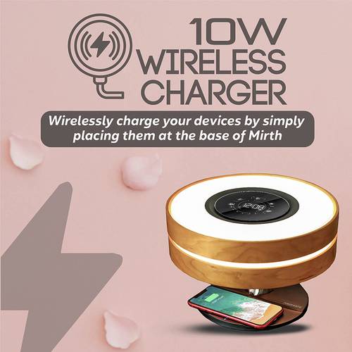 The best desk lamp and wireless speaker with 10-watt power with wireless charger, with elegant wooden design in addition to a digital clock, touch sensor, and outlets supporting all countries, suitable for home