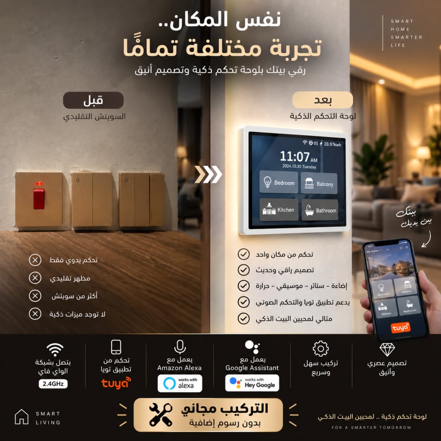 لوحة تحكم ذكية للمنزل - تتيح التحكم في الإضاءة والموسيقى والحرارة من مكان واحد، تدعم Alexa وGoogle Assistant وتطبيق Tuya.