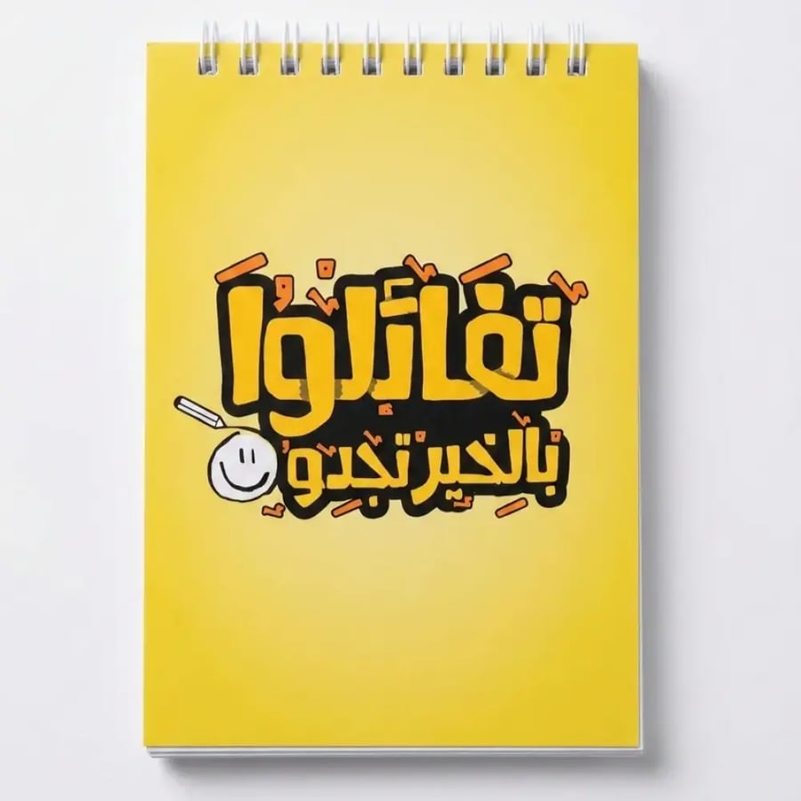 نوت بوك سلك أصفر بعبارة تفائلوا بالخير تجدوه ووجه مبتسم.