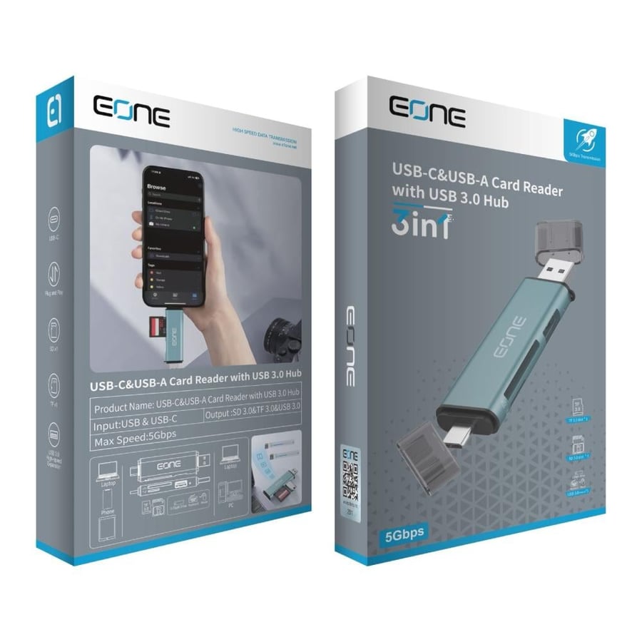 قارئ بطاقات وموزع بيانات EONE الذكي (3 في 1) – سرعة نقل فائقة 5Gbps بمنفذين USB-C و USB-A