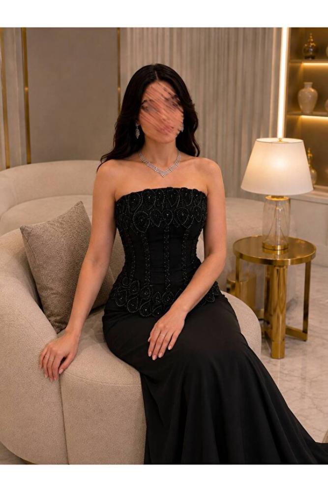 Calissa Store فستان سهرة أسود طويل بقصة كورسيه وتطريز فاخر بدون أكتاف