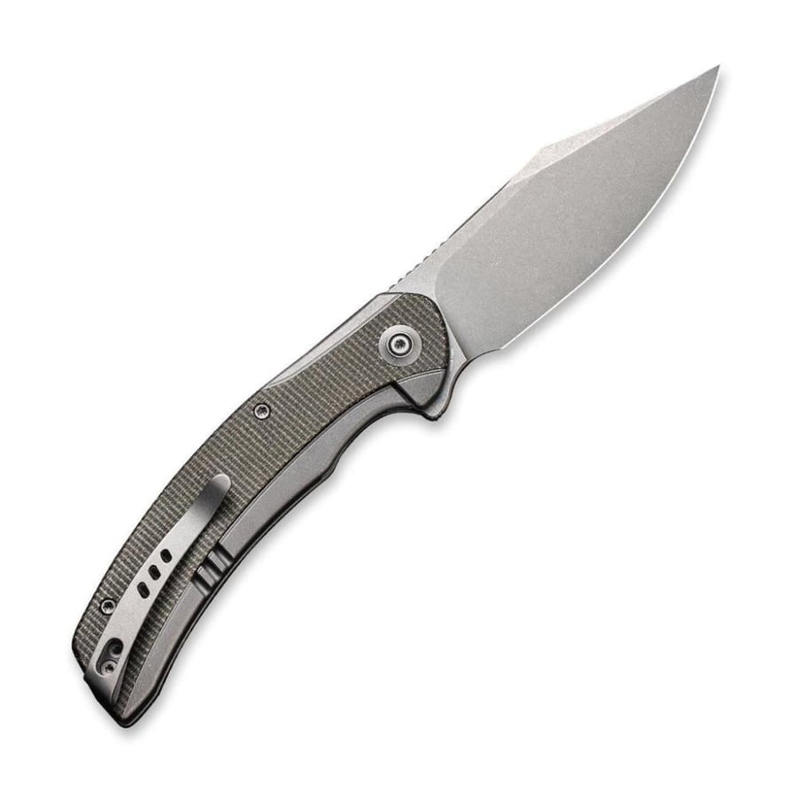 سكين WE KNIFE Snick، مقبض تيتانيوم رمادي بتطعيمة مايكارتا خضراء غامقة - نصل CPM 20CV ستونووش رمادي