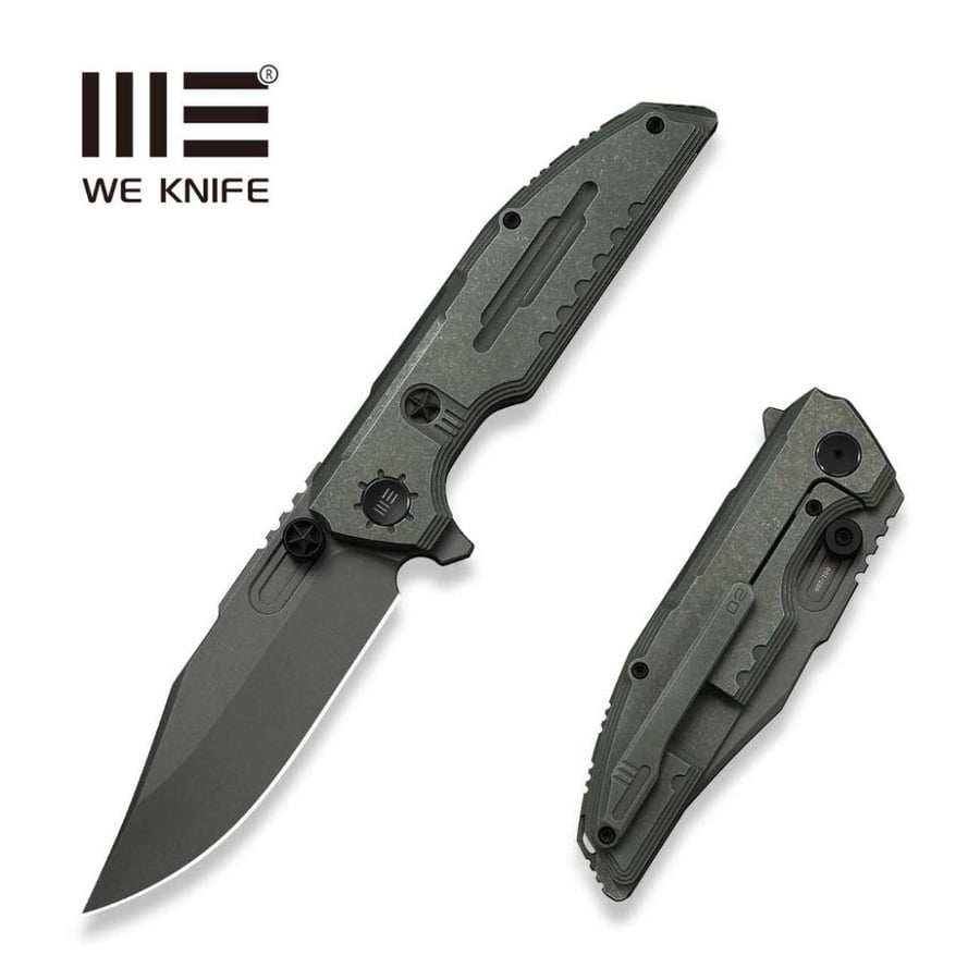 سكين WE KNIFE Muster، مقبض تيتانيوم زيتوني رمادي - نصل Bohler M390 ستونووش رمادي (إصدار محدود 200 قطعة)