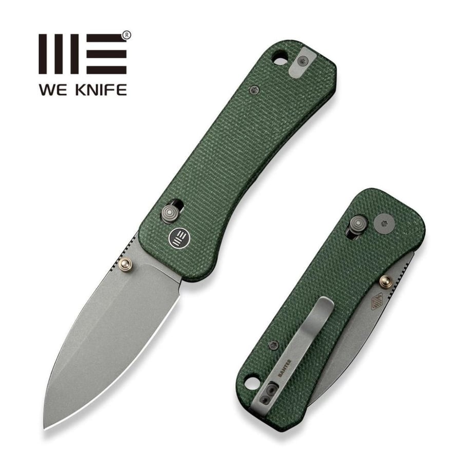 سكين WE KNIFE Banter 2، مقبض مايكارتا قماشية خضراء - نصل CPM S35VN ستونووش رمادي