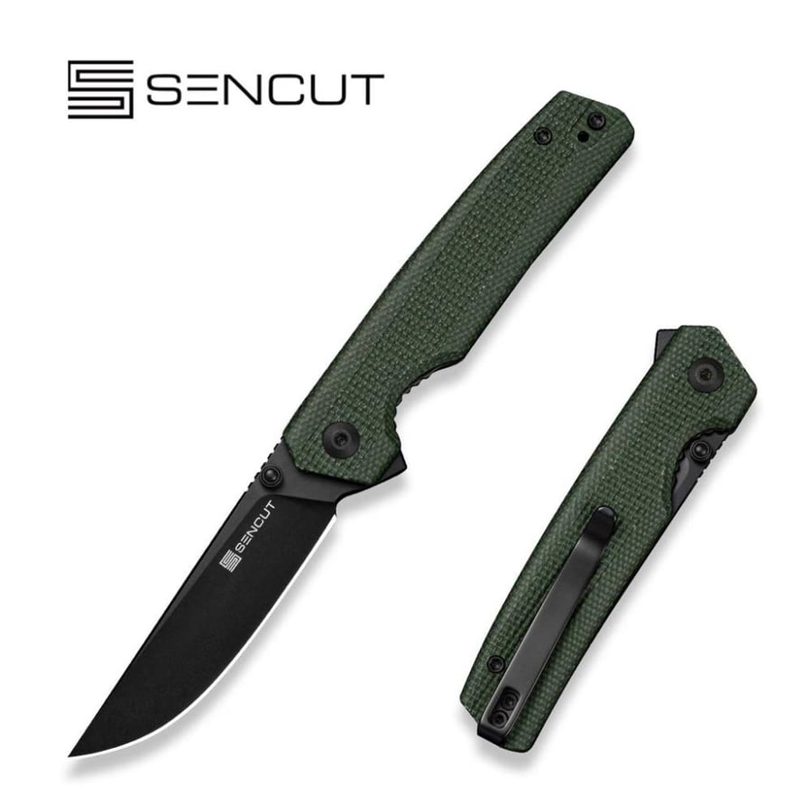سكين SENCUT Stria، مقبض مايكارتا قماشية خضراء محفورة - نصل D2 أسود