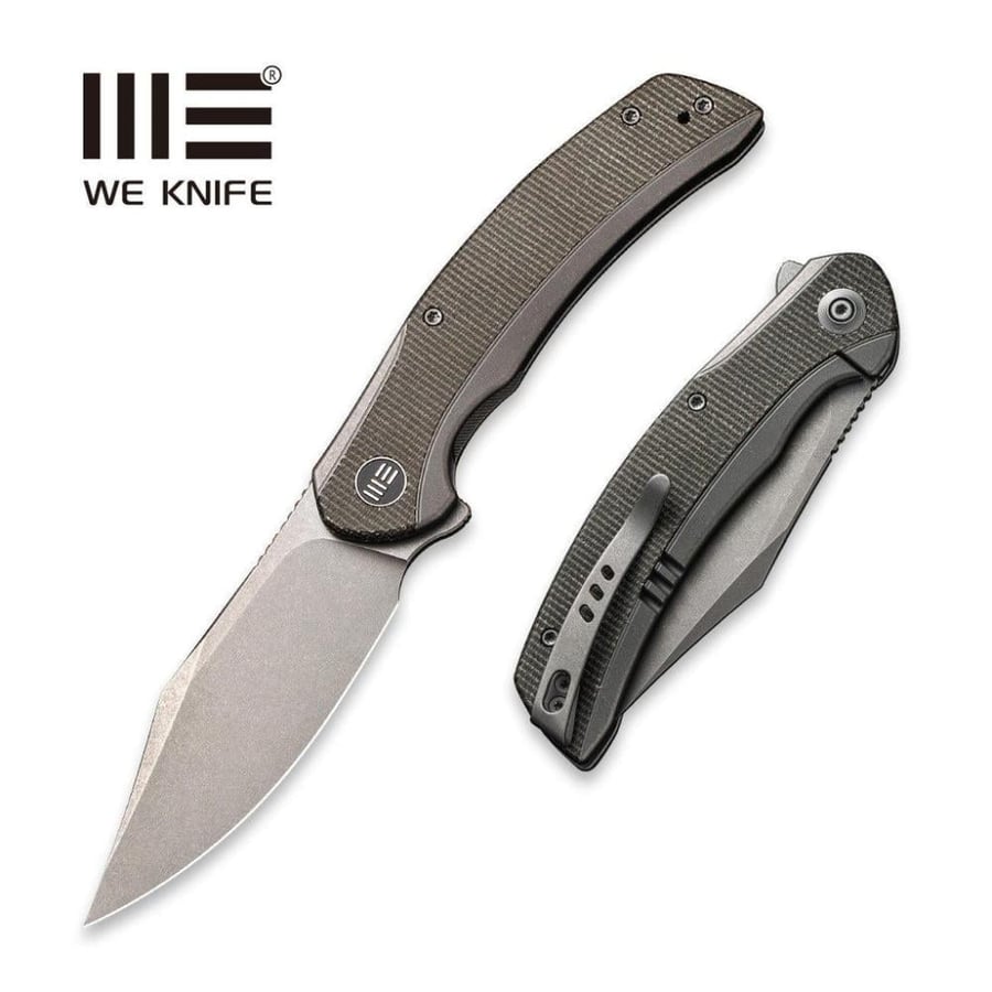 سكين WE KNIFE Snick، مقبض تيتانيوم رمادي بتطعيمة مايكارتا خضراء غامقة - نصل CPM 20CV ستونووش رمادي