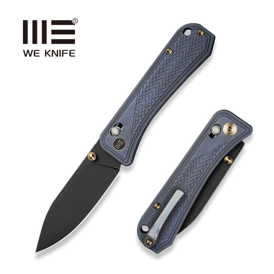 سكين WE KNIFE Bougie Banter، مقبض تيتانيوم أزرق بتصميم أرت ديكو - نصل CPM S45VN ستونووش أسود