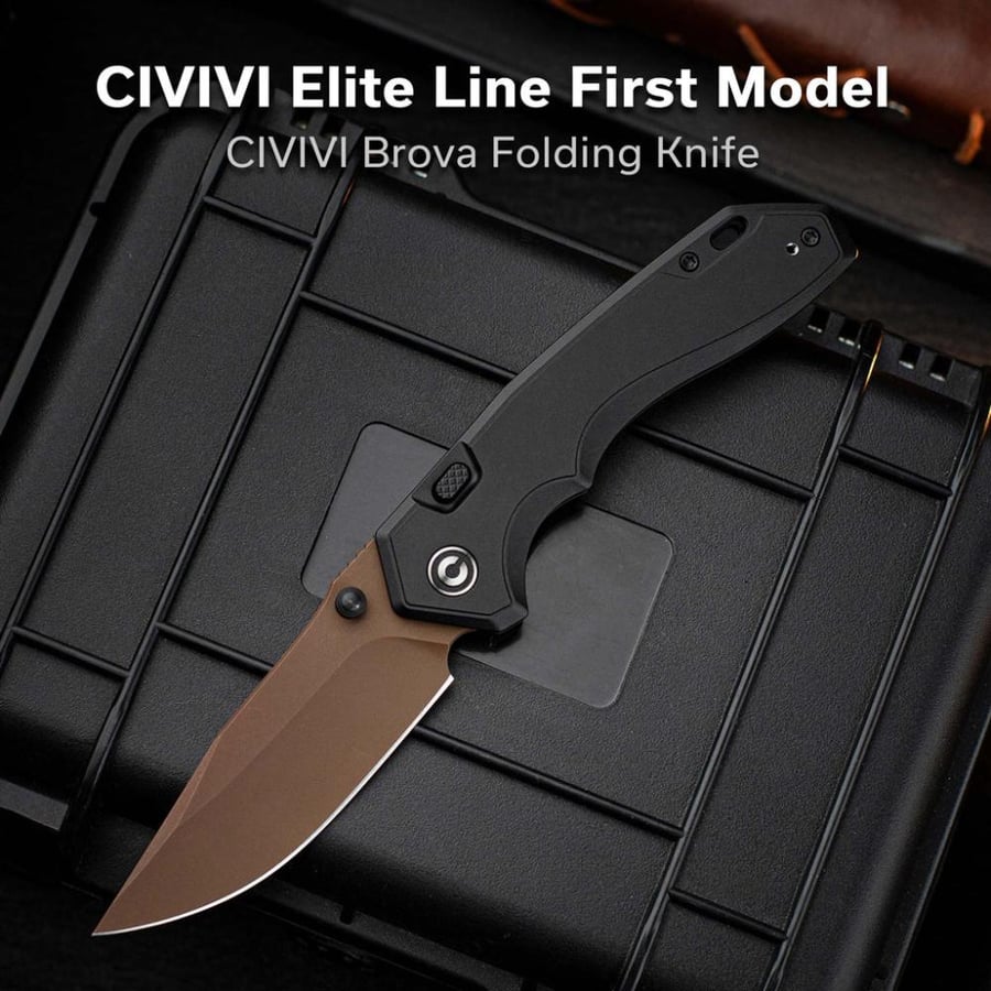 سكين CIVIVI Elite Brova، مقبض ألمنيوم أسود - نصل CPM S35VN ستونووش بني فاتخ