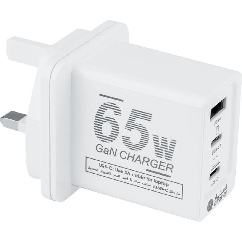 شاحن جداري ALFANAR Wall Charger - PD و QC4 plus ثلاثي المخرج مع GaN محول 3 منافذ USB 2X USB-C/1X USB ابيض