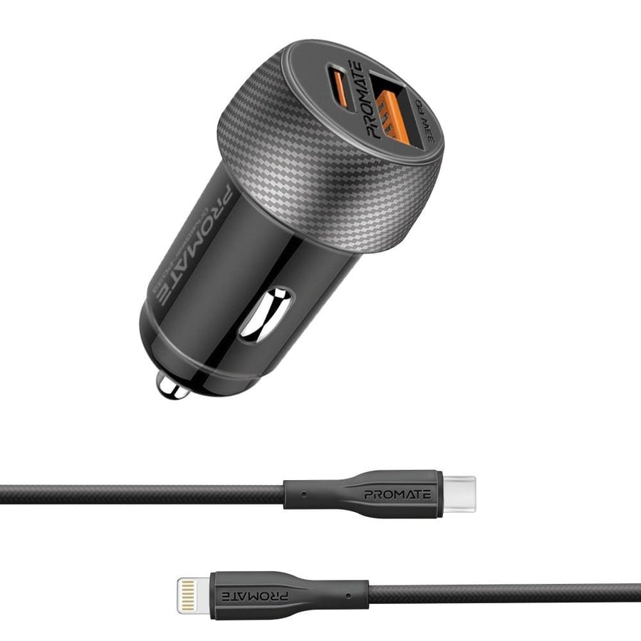 بروميت شاحن سيارة بروميت ثنائي المنفذ بقوة 33 وات مع توصيل طاقة USB-C وQC 3.0 USB-A، كابل من النوع C إلى Lightning بطول 1.2 متر، لأجهزة iOS وAndroid، حماية ذكية للشريحة، تصميم صغير أنيق