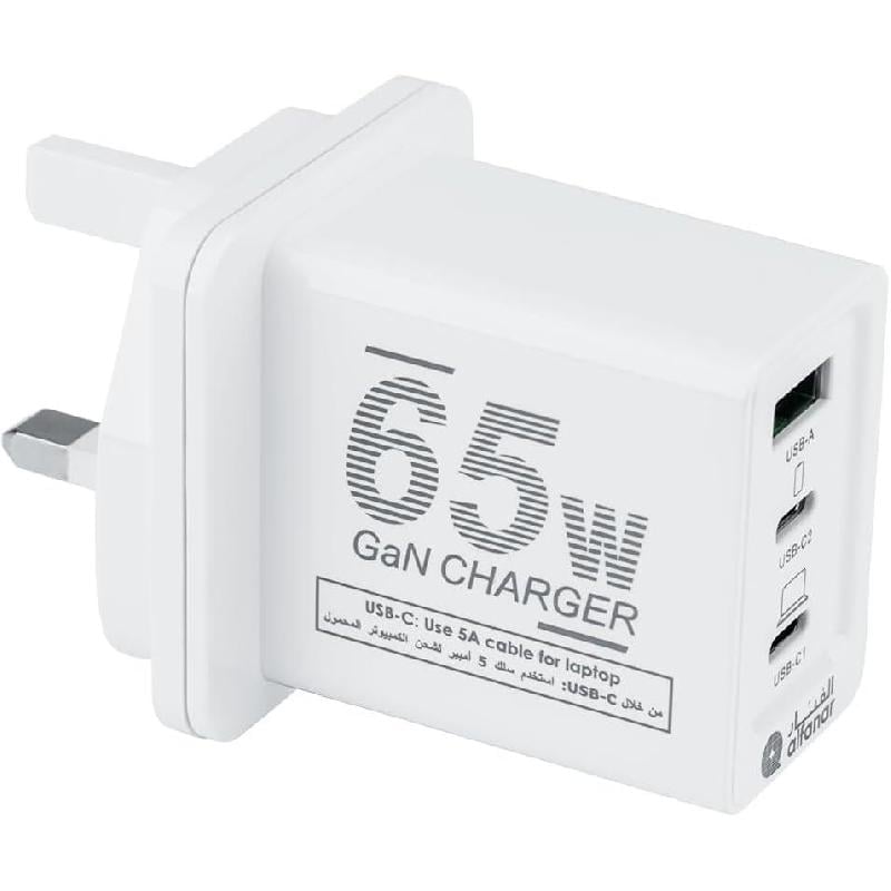 شاحن جداري ALFANAR Wall Charger plus Cable - محول GaN بثلا ثة منافذ مع PD وQC4 plus وكابل شحن 3 منافذ USB 2X USB-C/1X USB ابيض