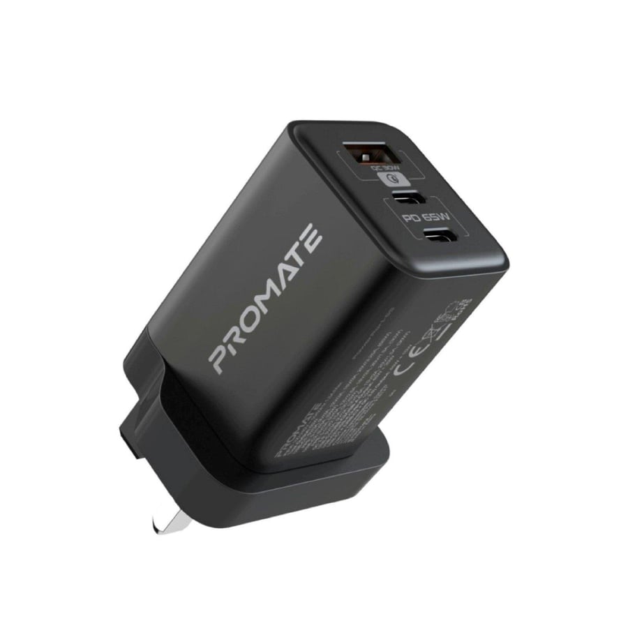 بروميت شاحن بروميت 65 واط بتقنية gan لتوصيل الطاقة عبر منفذ usb-c، شاحن سريع عالمي قوي بتقنية gan مزود بمنفذين من النوع c، شحن تكيفي وحماية من الشحن الزائد للأجهزة التي تعمل بمنفذ usb-c.