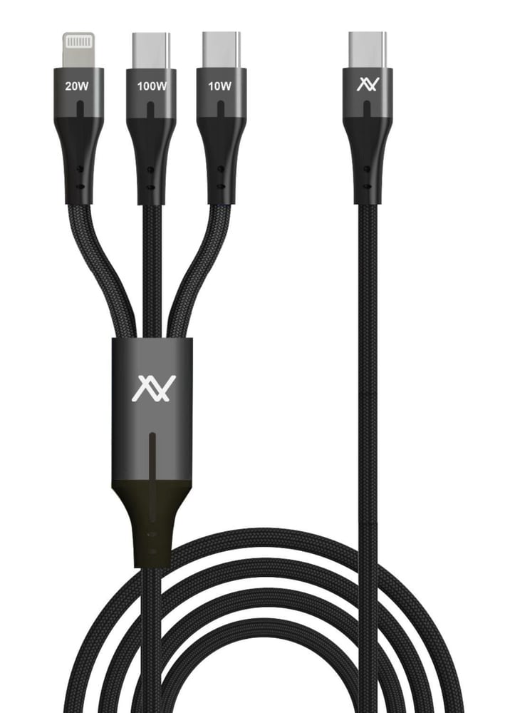 لافينتو كابل شحن سريع 3 في 1 من l'avvento: من usb-c إلى منفذي usb-c (بقدرة قصوى 60 واط للمنفذ الأول و20 واط للمنفذ الثاني) ومنفذ lightning (بقدرة قصوى 20 واط)، بطول 3 أمتار، لون أسود.