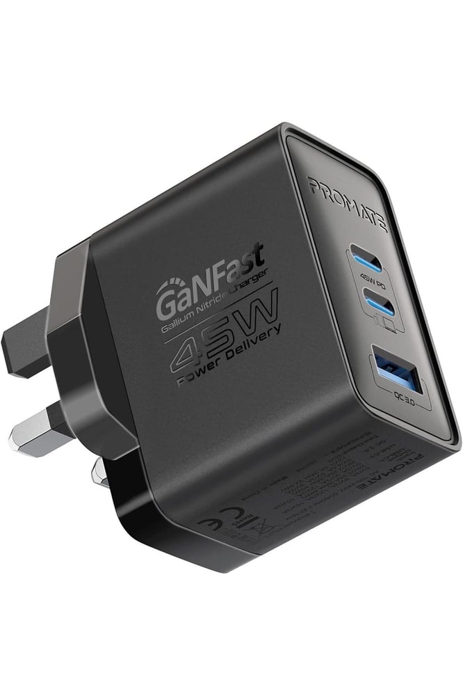 بروميت شاحن جدارى 45 وات جان فاست, منفذي USB-C بقوة 45 واط، ومنفذ USB-A للشحن السريع بقوة 22.5 واط