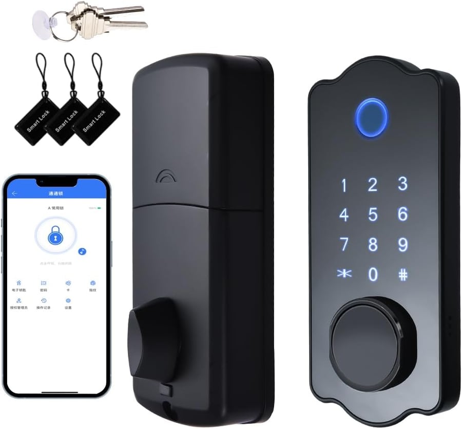 قفل باب ذكي للدخول بدون مفتاح مقاوم للماء قفل تلقائي 5 في 1 بتطبيق TTlock IC150 رموز قفل باب الكتروني ببصمة الاصبع مع مجموعة ذراع مقبض للباب الامامي