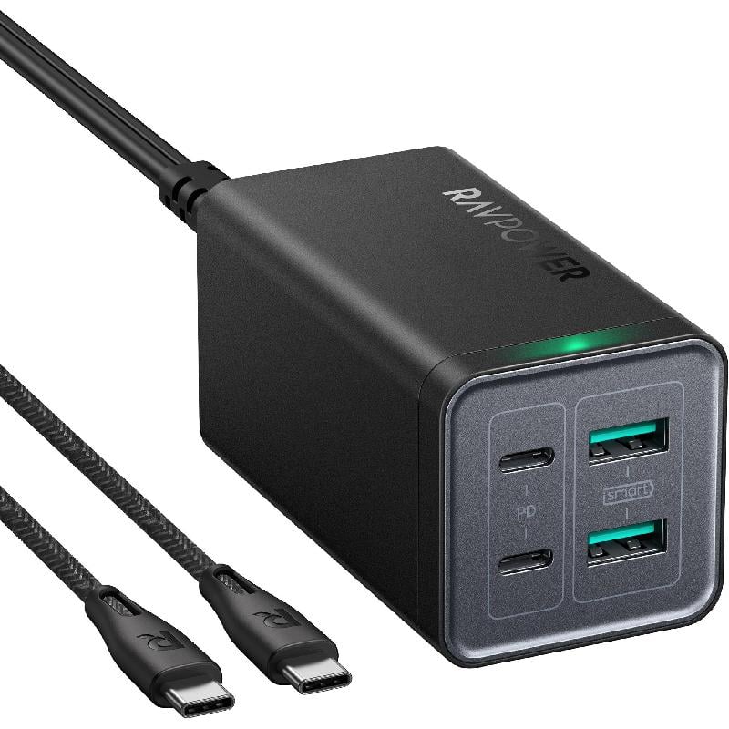 شاحن جداري RAVPower - 4 USB (2X USB/2X USB-C) اسود