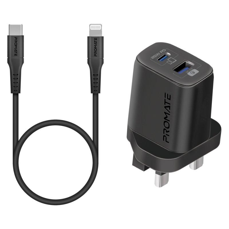 بروميت مجموعة محول وكابلات USB-C من بروميت مع شاحن تيار متردد ثنائي المنفذ ، توصيل طاقة بقوة 25 واط ، 18 واط QC 3.0 ، 27 واط من النوع C إلى كابل سيليكون Lightning ، ChargeKit-25PDi