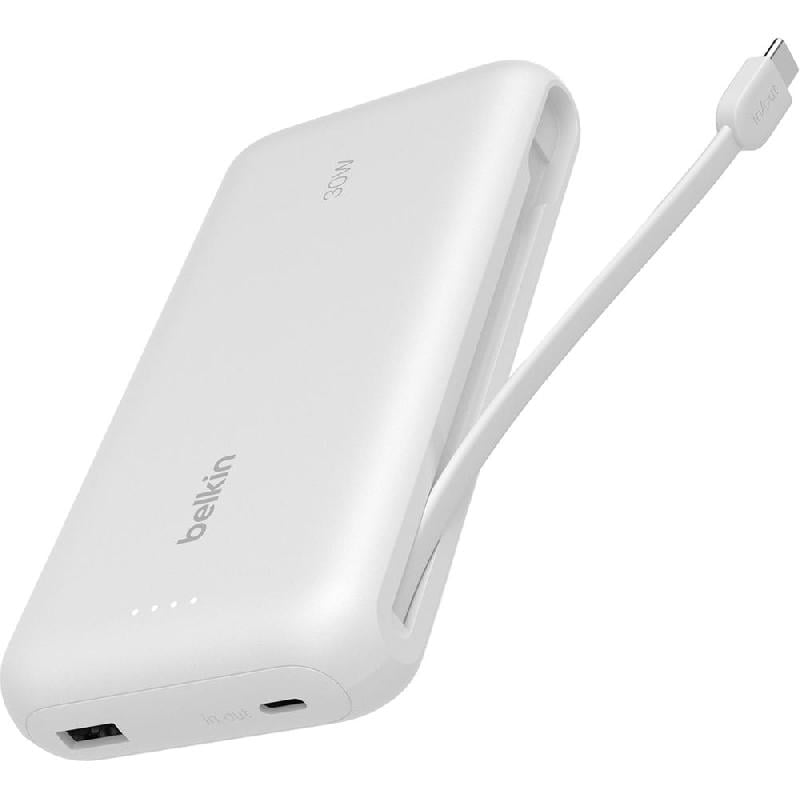 باور بانك Belkin BoostCharge - مللي أمبير مع كابل مدمج 20,000 باور بانك منفذان USB (1X USB/1X USB-C) ابيض