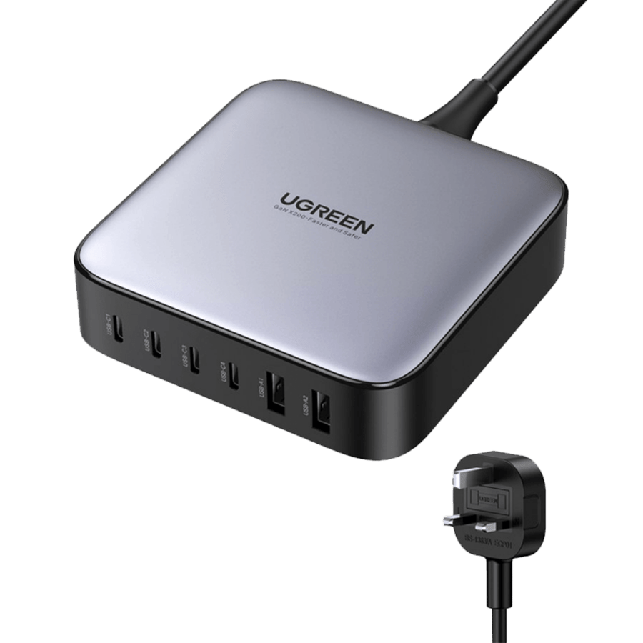 يوجرين شاحن مكتبي أربع منافذ pd وبمنفذين usb بتقنية gan وبقوة 200 واط - رمادي