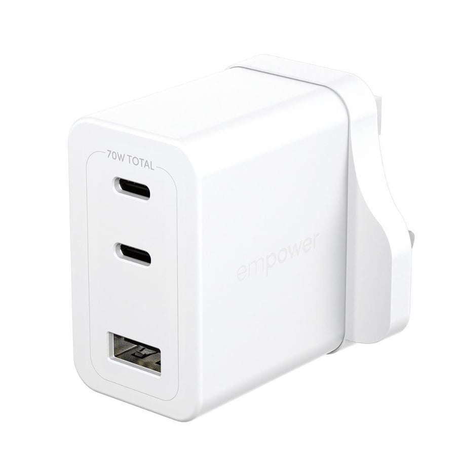 امباور شاحن empower™ by panzerglass® turbo متعدد بقدرة 70 واط بمنفذي usb-c plus usb-a | قابس بريطاني | أبيض فضي