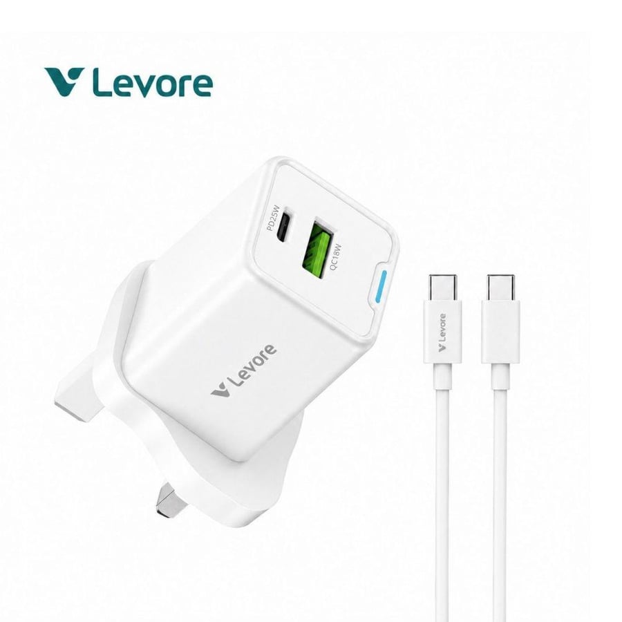 ليفور شاحن جداري ليفوري بتقنية gan للشحن السريع بمنفذ usb-c ومنفذ usb مع سلك شحن وبقوة 25 واط - أبيض